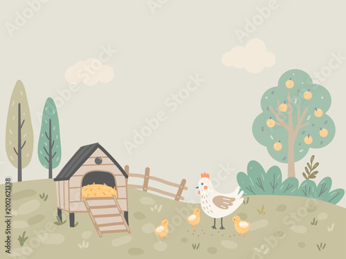 Farm scene with chicken coop and hen with chicks, countryside illustration with copy space, Scandinavian style rural landscape for nursery decor, wallpaper and kids background