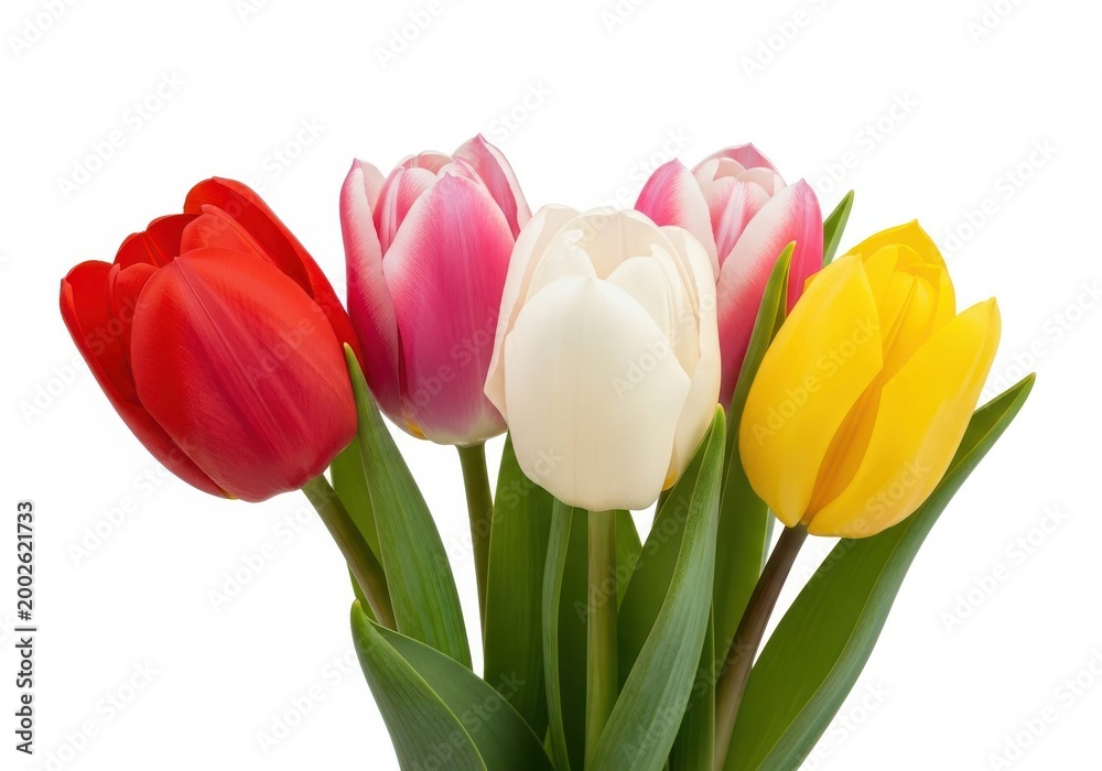 Fototapeta premium Vibrant bouquet of five colorful tulips in full bloom