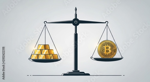 Scale balancing gold bars and bitcoin coin illustrating investment comparison and financial decisions.