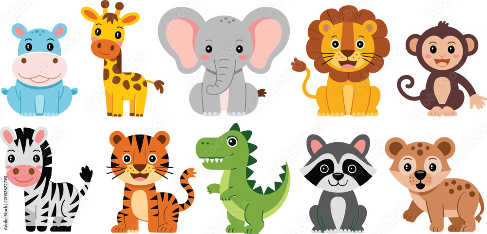 Obraz premium Cute safari animal collection for nursery decor, cartoon lion elephant giraffe monkey zebra tiger and crocodile set for kids room stickers and baby shower flat vector illustration