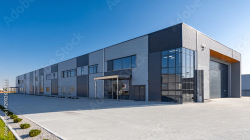 Industrial or commercial building exterior. Use as factory, warehouse, store and workplace. Safety and protection with roller door, roller shutter or overhead door. Concrete pavement floor outside.