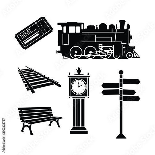 Railway station and train travel icons with vintage locomotive