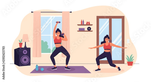 Flat vector illustration of two women exercising in a home living room; one woman lifts dumbbells while the other performs a dance workout on a mat near a window and potted plant.