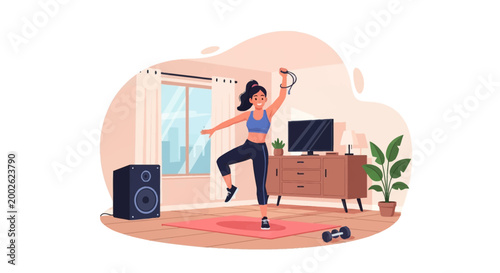 Flat vector illustration of a young woman in blue sportswear performing a cardio dance workout at home in her living room, holding a jump rope near a yoga mat and dumbbell.
