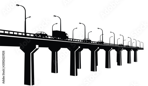 Silhouette of a highway bridge with vehicles black and white isolated on a white background high quality professional detailed modern elegant stylish clean crisp