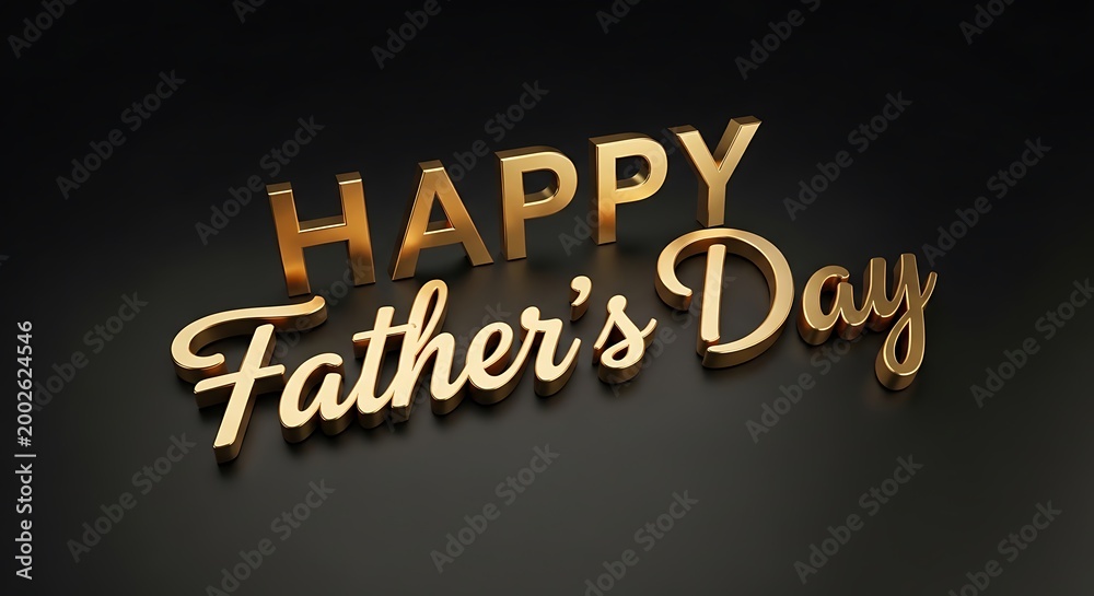 Obraz premium Happy Father's Day 3D golden text on black background, elegant gold lettering for Father's Day celebration, luxury holiday greeting card design