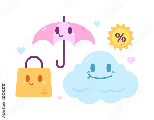 Illustration of a collection of clip art or stickers with a Monsoon Sale theme. Clouds, shopping bags, discount labels, and umbrellas. Cute and adorable facial expressions. Symbols, icons, decorative 