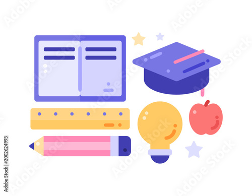 Illustrations of a collection of clip art or stickers on educational and academic themes. Books, graduation caps or gowns, lamps, apples, rulers, and pencils. Objects, symbols, icons, decorative