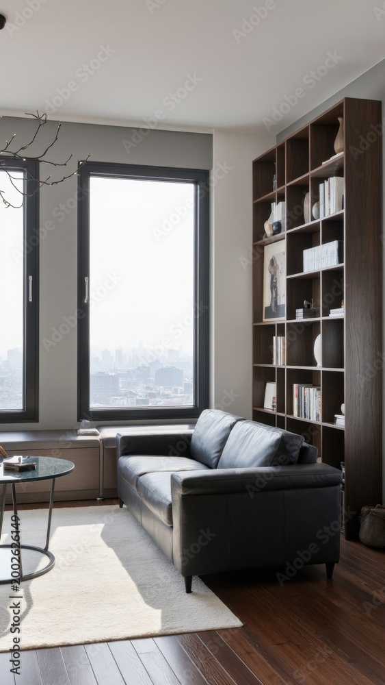 Fototapeta premium Spare, minimalistic living room with black leather couch and wooden bookshelves in the background of a city view.