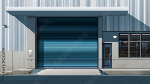 Industrial or commercial building. Use as factory, warehouse, store and workplace. Safety and protection with roller door, roller shutter or overhead door. Concrete floor outside. Vector illustration.