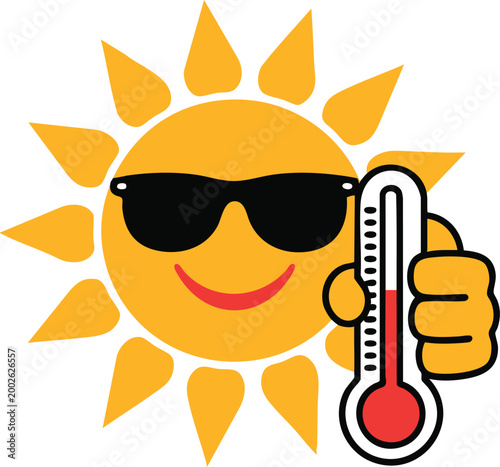Cartoon Sun with Sunglasses Holding a High Temperature Thermometer, Vibrant Yellow Sun Character Signaling Rising Temperatures.