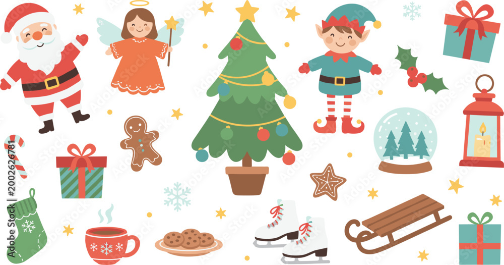 Fototapeta premium Christmas and winter holiday icon set with Santa elf and festive decor