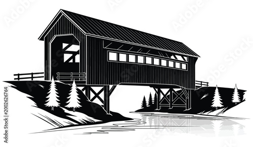 black and white illustration of a covered bridge with surrounding trees and water reflection high quality professional detailed modern elegant stylish clean crisp vibrant