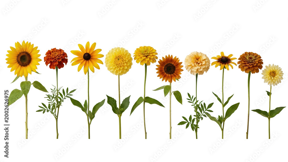 Naklejka premium Autumn floral collection with yellow and orange flowers, vibrant summer blossoms on stems, botanical set of sunflowers and dahlias on white background