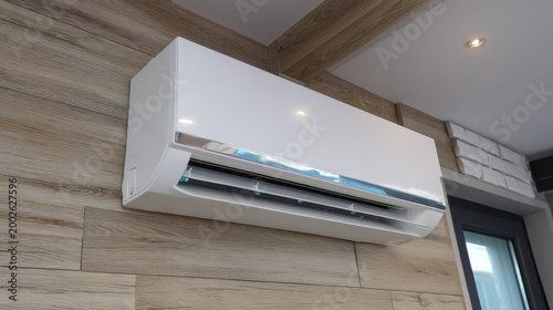 Air conditioner (AC) indoor unit or evaporator and wall-mounted. That is part of mini split system or ductless system type. For removing heat and moisture from room. Including humidity control.