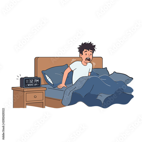 Man wakes up in bed with alarm clock ringing on nightstand