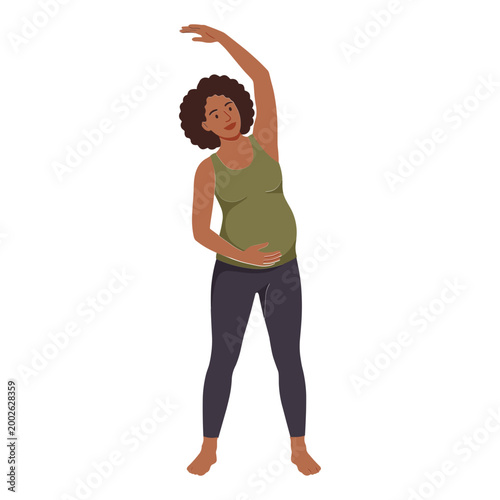 A pregnant woman stretches her arm while standing in a yoga pose.