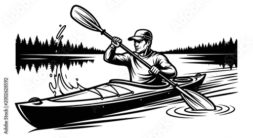 Man paddling a kayak on a lake in a forest illustration