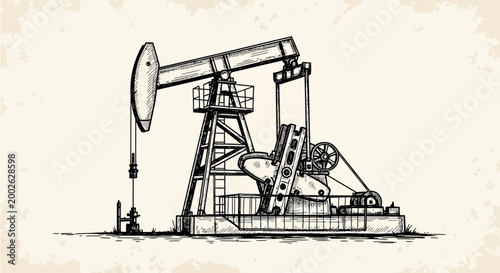 Vintage industrial sketch of an oil pump jack on parchment background