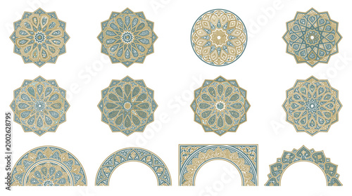 A collection of intricate Islamic geometric patterns forming circular mandalas and semicircular motifs.