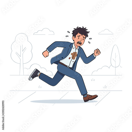 A stressed businessman runs quickly down the street in a blue suit.