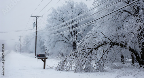 Winter storm's icy grip trees and power lines coated in rime ice