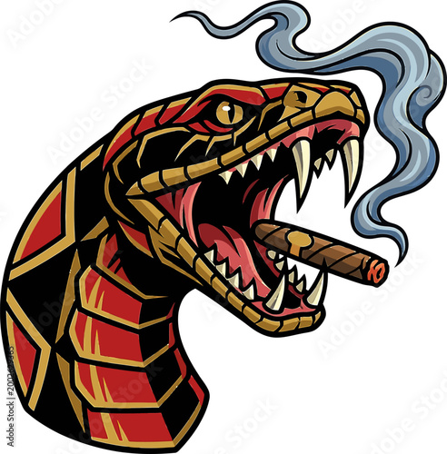 Scary Snake Head with Cigar and Smoke - Dangerous Reptile Illustration with Fierce Expression