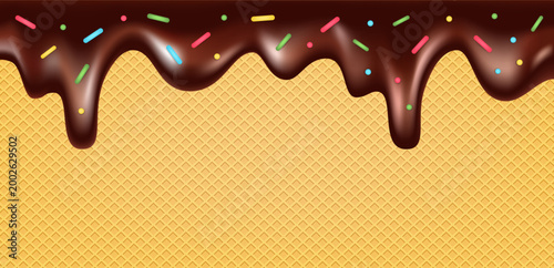 Golden Waffle Cone Texture with Glossy Chocolate Drip and Multicolored Sprinkles Background