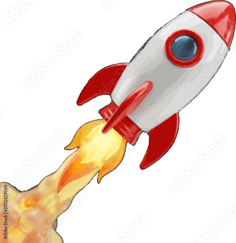 A cartoon rocket blasting off into space, leaving a trail of fire and smoke, symbolizing launch, speed, and exploration of the universe