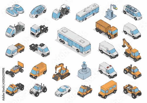 Collection of various construction vehicles.