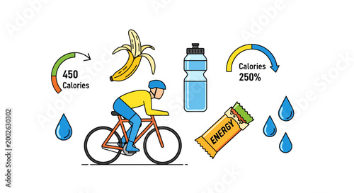 Cyclist refueling during strenuous exercise with healthy snacks like bananas and energy bars for sustained performance alongside hydration and calorie tracking aids visualizing workout needs for