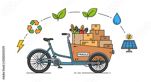Eco friendly cargo bicycle carrying parcels and fresh produce representing sustainable delivery and green energy solutions for urban transportation and environmental conservation initiatives