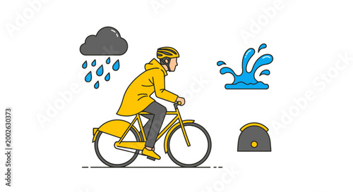 Person dressed in yellow rain gear cycles through a storm with depicted rain clouds and splashes showcasing outdoor activity preparedness and weather challenges during a bicycle ride conveying
