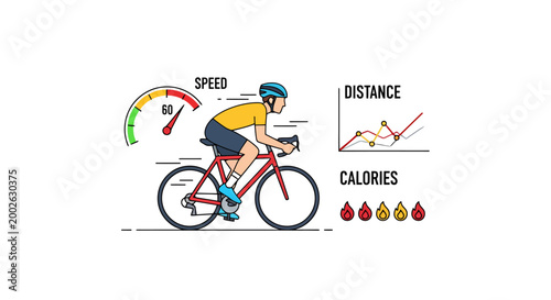Cyclist wearing helmet riding bicycle with speed indicator and distance graph showing calories burned during outdoor exercise and fitness activity for healthy lifestyle performance tracking