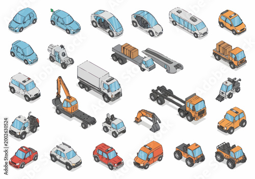 Collection of various toy trucks vehicles.