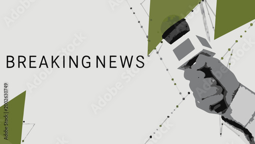 Reporter hand holding microphone with breaking news text and green accents on white background