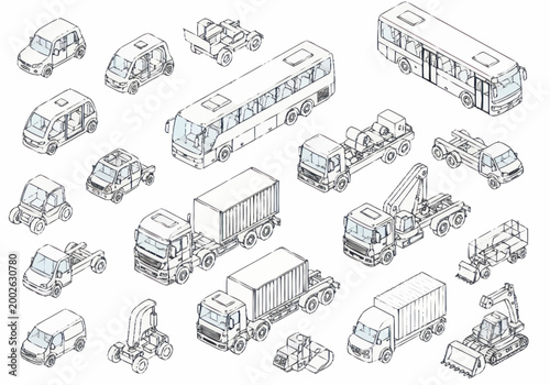 Various types of trucks and vehicles.