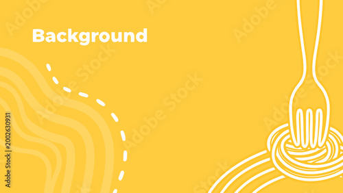 Fork spinning spaghetti on plate flat vector illustration with yellow background and white lines