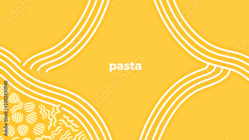 Flat vector illustration of spaghetti strands on a yellow background with white lines and pasta text