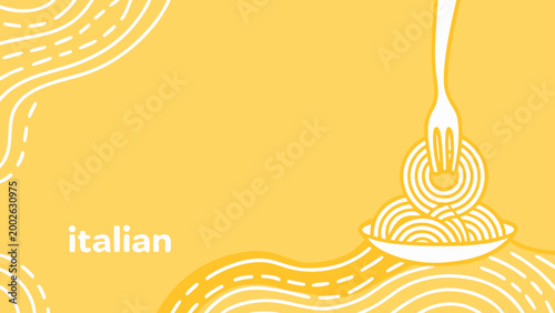 Vector illustration of swirling spaghetti on a fork with plate italian food concept on yellow background
