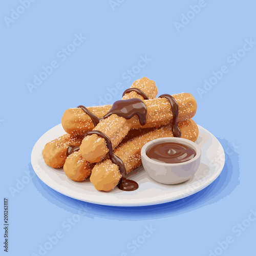 Delicious churros drizzled with rich chocolate sauce on a white plate, a sweet and satisfying dessert treat perfect for any occasion