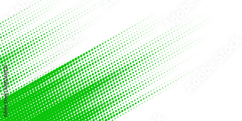 Slash green halftone gradient texture. Fading cartoon polka dot background. Dotted corner gradation pattern. Fading comic pop art overlay backdrop. Vector slant frame halfton patern effect wallpaper