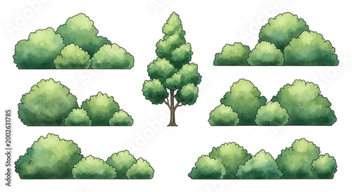 Collection of watercolor green bushes and a tall tree isolated on white background perfect for landscape design and nature illustrations