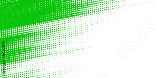 Slash green halftone gradient texture. Fading cartoon polka dot background. Dotted corner gradation pattern. Fading comic pop art overlay backdrop. Vector slant frame halfton patern effect wallpaper