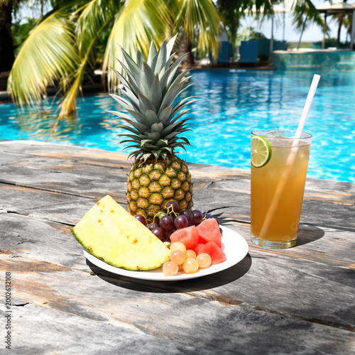 Relax by a sparkling pool with a pineapple, a delicious fruit platter, and an iced drink. This vibrant tropical scene is perfect for vacation inspiration.