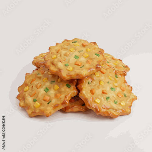 Pile of crispy, savory crackers filled with colorful corn and vegetable pieces on a light gray background, studio shot