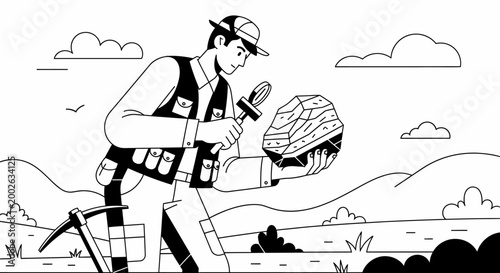 Tableau sur toile Geologist examining a rock specimen with a magnifying glass outdoors