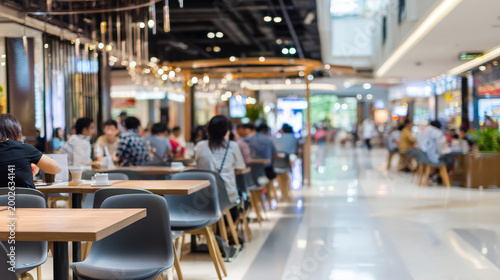 Food court or food center in shopping mall. Interior consist of table, restaurant, coffee shop. Busy with  people to buy food and eating. Similar of canteen for shopping mall. Blurred background.