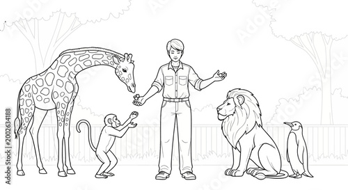 Canvas Print Zookeeper feeding wild animals at the zoo coloring page illustration