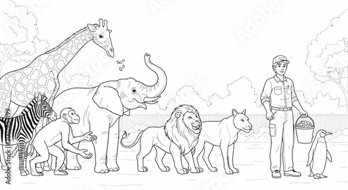 Photography Zoo keeper and wild animals coloring page illustration